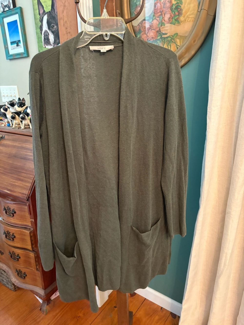 LOFT Olive Open-Front Pocket Cardigan